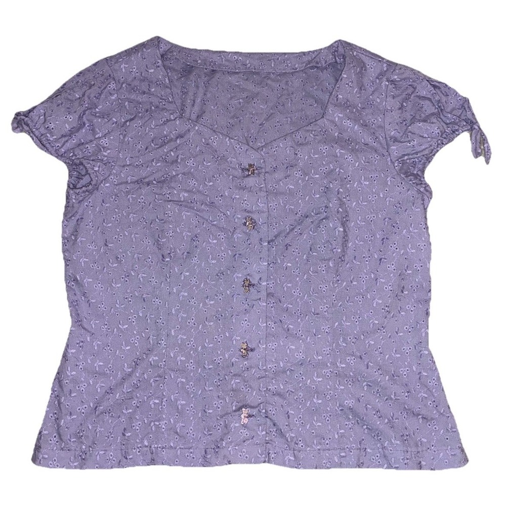 Vintage Top Women's M Purple Blouse Floral Eyelet Dragonfly Buttons Fairy‎